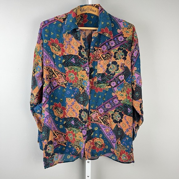 Vintage Floral Boho Blouse Shirt Top Womens M? Button Up 100% Silk Jewel Tone - Picture 2 of 6